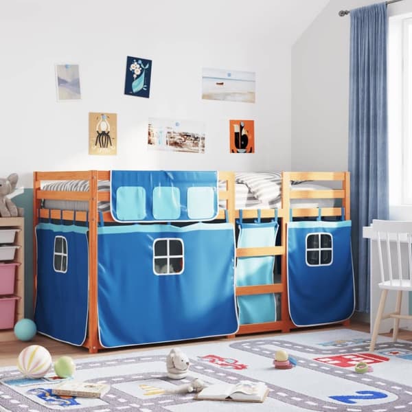 vidaXL køjeseng med gardiner 90x190 cm massivt fyrretræ blå