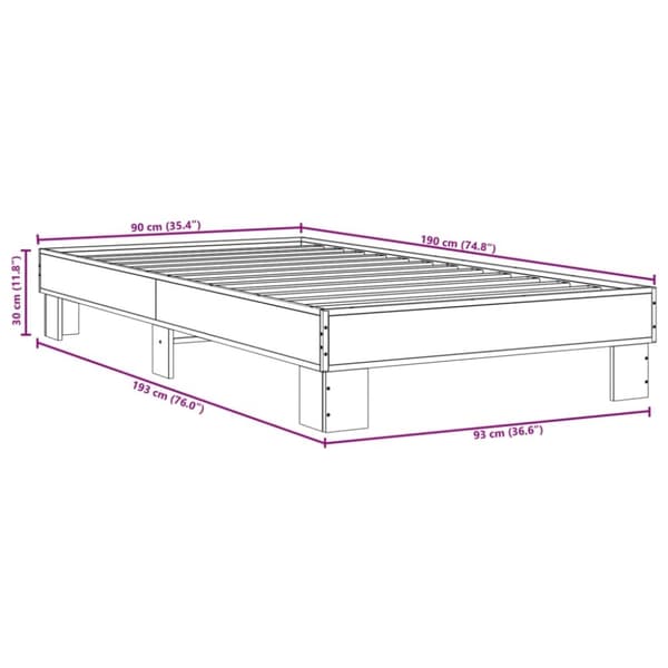 vidaXL Sängynrunko harmaa Sonoma 90x190 cm tekninen puu ja metalli