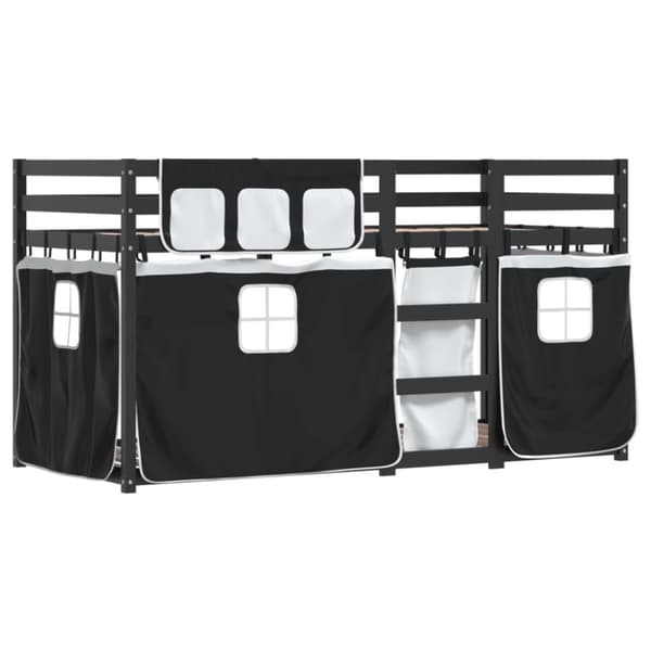 vidaXL Loftsäng med gardiner vit&svart 90x200 cm massiv furu