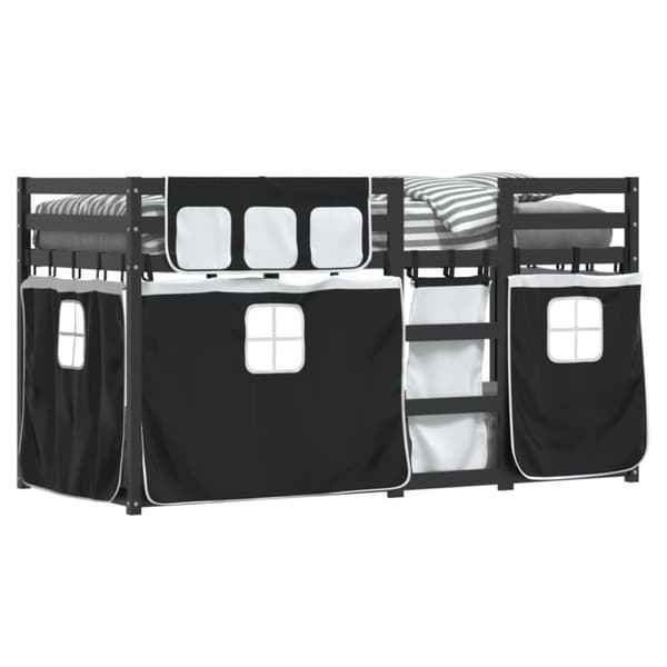 vidaXL Loftsäng med gardiner vit&svart 90x200 cm massiv furu