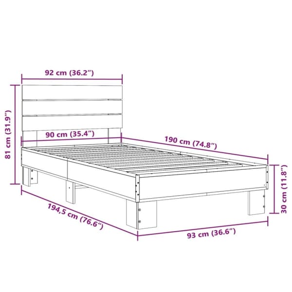 vidaXL Sengeramme røkt eik 90x190 cm konstruert tre og metall