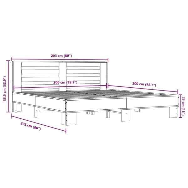 vidaXL Sängynrunko savutammi 200x200 cm tekninen puu ja metalli