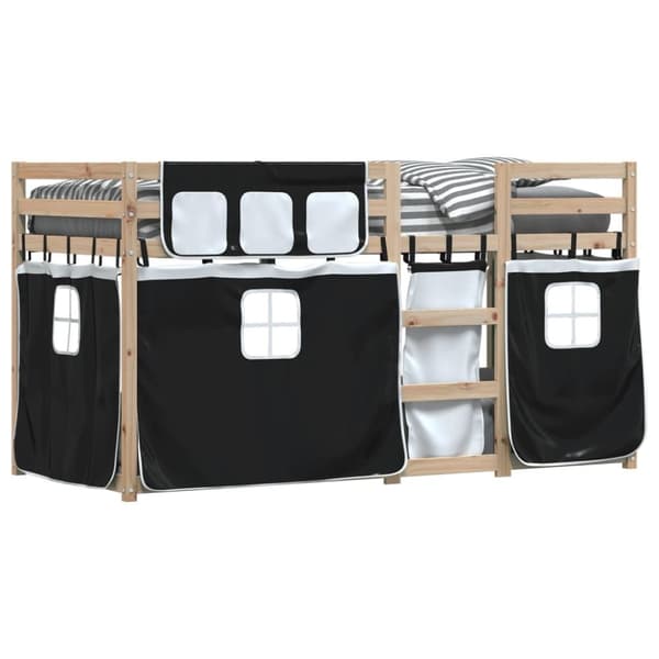 vidaXL Loftsäng med gardiner vit&svart 80x200 cm massiv furu