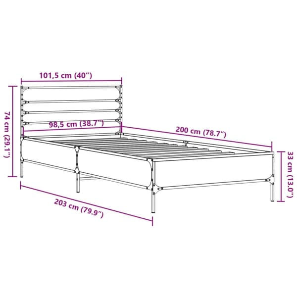 vidaXL Sängynrunko harmaa Sonoma 100x200 cm tekninen puu ja metalli