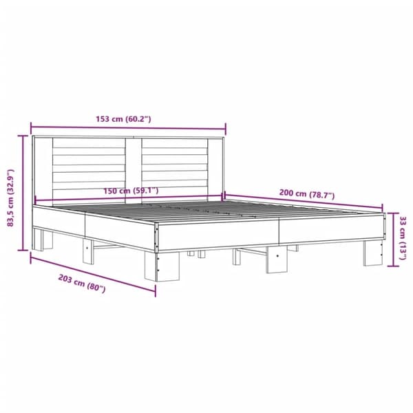 vidaXL Sängynrunko savutammi 150x200 cm tekninen puu ja metalli