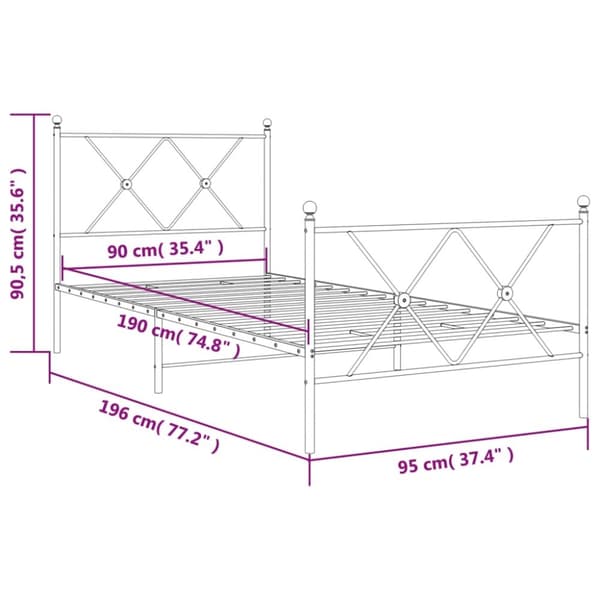vidaXL Sengeramme i metall med hode- og fotgavl hvit 90x190 cm