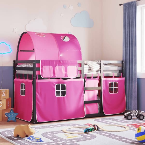 vidaXL køjeseng med gardiner 90x200 cm massivt fyrretræ pink