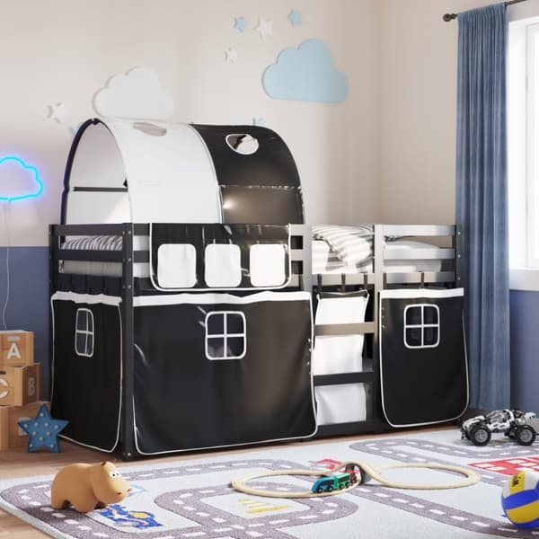 vidaXL Parvisänky verhoilla mustavalkoinen 90x190 cm täysi mänty