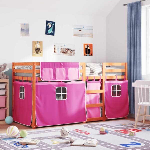 vidaXL køjeseng med gardiner 80x200 cm massivt fyrretræ pink