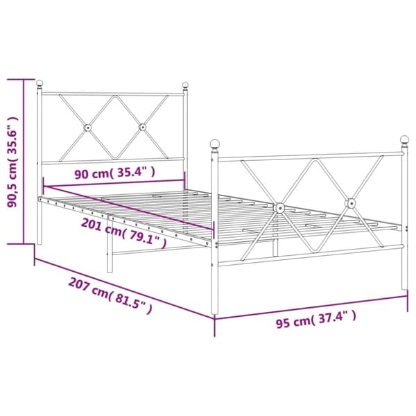vidaXL Sengeramme i metall med hode- og fotgavl hvit 90x200 cm