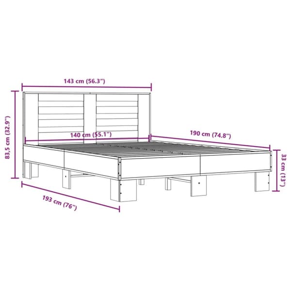 vidaXL Sengeramme brun eik 140x190 cm konstruert tre og metall