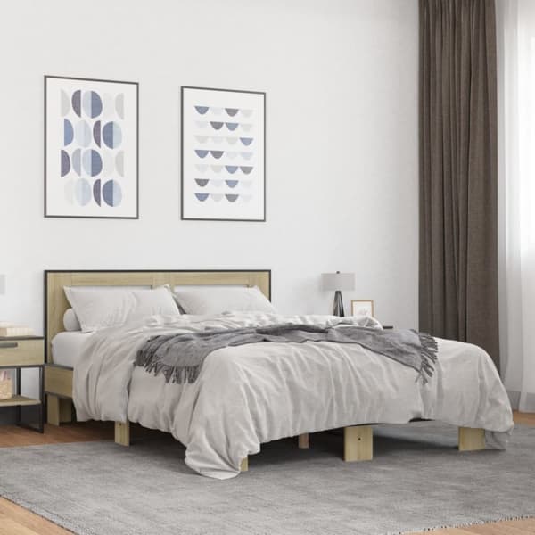 vidaXL Sängynrunko Sonoma-tammi 135x190 cm tekninen puu ja metalli