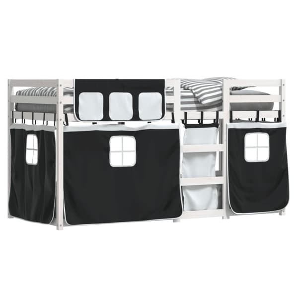 vidaXL Loftsäng med gardiner vit&svart 75x190 cm massiv furu