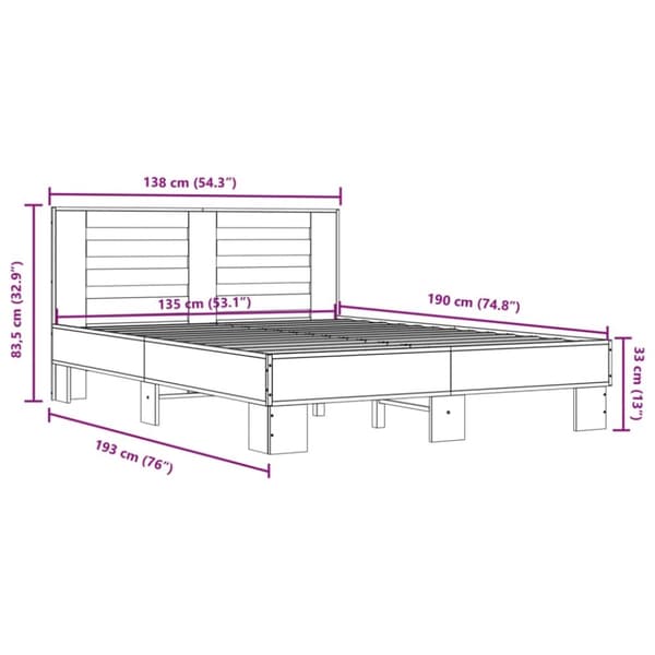 vidaXL Sengeramme grå sonoma 135x190 cm konstruert tre og metall