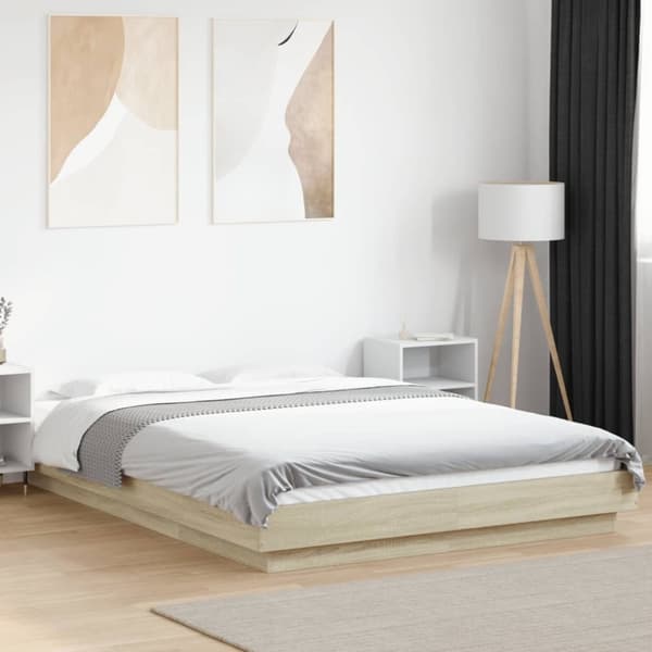 vidaXL sengeramme med LED-lys 140x200 cm konstrueret træ sonoma-eg