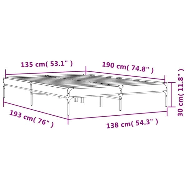 vidaXL Sängynrunko harmaa Sonoma 135x190 cm tekninen puu ja metalli