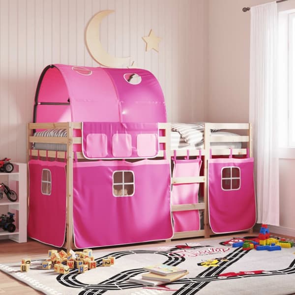 vidaXL køjeseng med gardiner 75x190 cm massivt fyrretræ pink