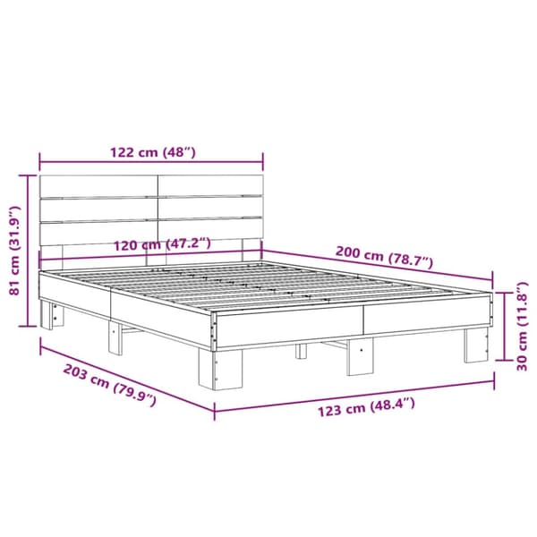 vidaXL Sängynrunko ruskea tammi 120x200 cm tekninen puu ja metalli
