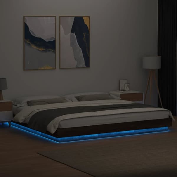 vidaXL sengeramme med LED-lys 200x200 cm konstrueret træ brunt eg