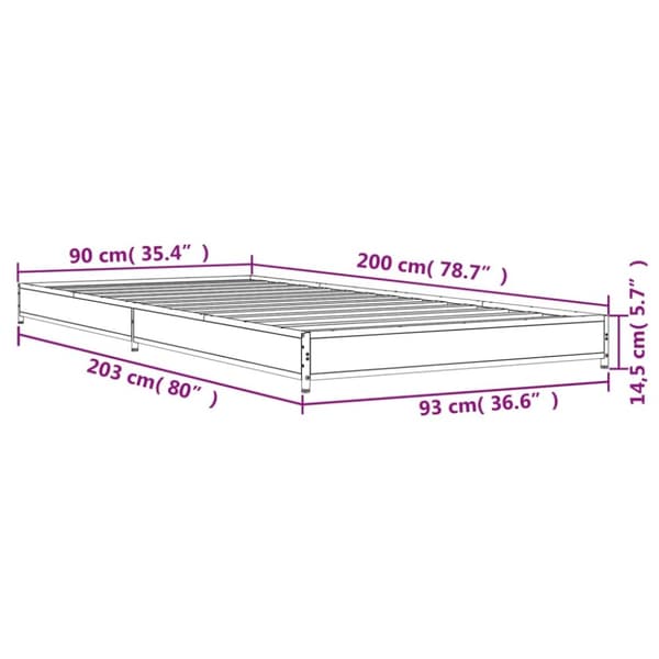 vidaXL Sengeramme røkt eik 90x200 cm konstruert tre og metall
