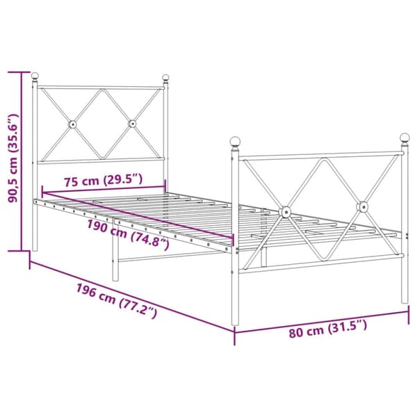 vidaXL sengeramme med sengegavl og fodgærde 75x190 cm metal sort