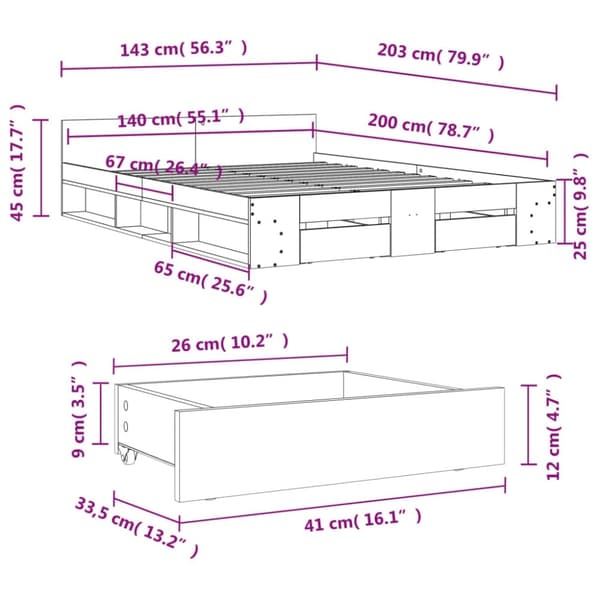 vidaXL sengeramme med skuffer 140x200 cm konstrueret træ sonoma-eg