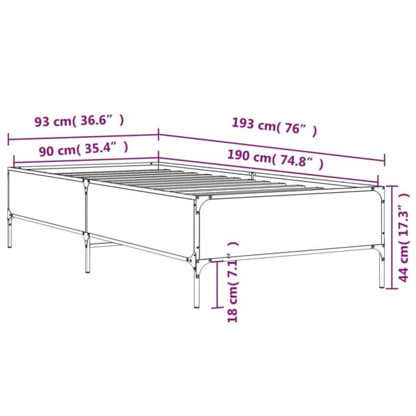 vidaXL Sängynrunko Sonoma-tammi 90x190 cm tekninen puu ja metalli