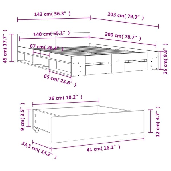 vidaXL sengeramme med skuffer 140x200 cm konstrueret træ betongrå