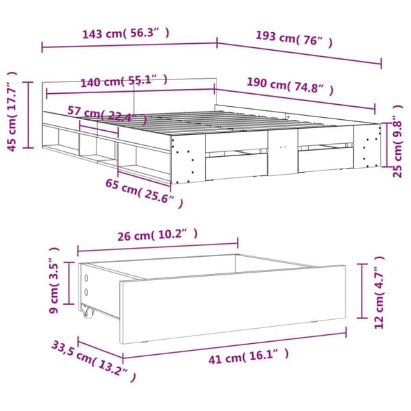 vidaXL sengeramme med skuffer 140x190 cm konstrueret træ sort