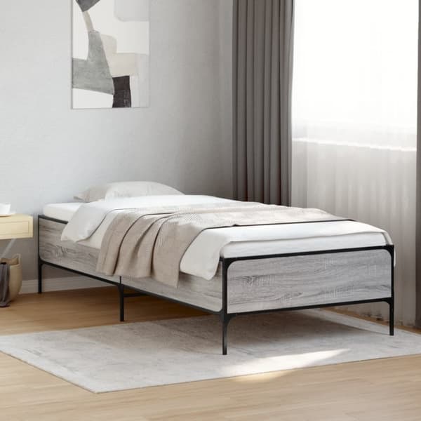 vidaXL Sängynrunko harmaa Sonoma 100x200 cm tekninen puu ja metalli