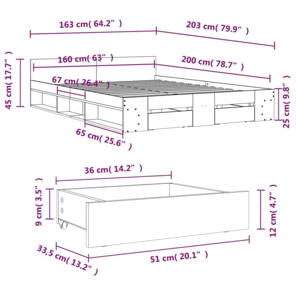 vidaXL sengeramme med skuffer 160x200 cm konstrueret træ betongrå