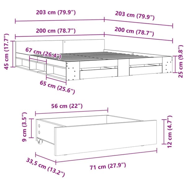 vidaXL Sengeramme med skuffer svart 200x200 cm konstruert tre
