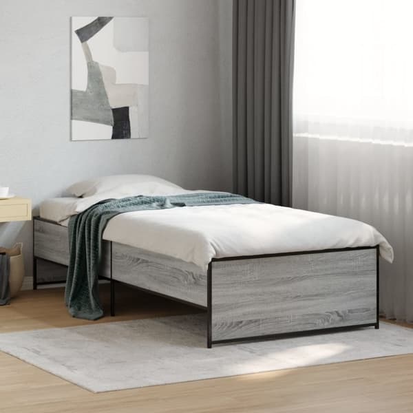 vidaXL Sängynrunko harmaa Sonoma 90x190 cm tekninen puu ja metalli