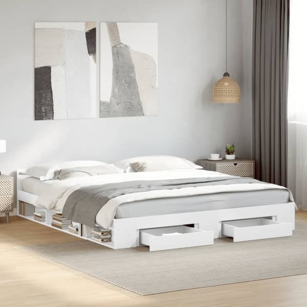 vidaXL Sengeramme med skuffer hvit 200x200 cm konstruert tre