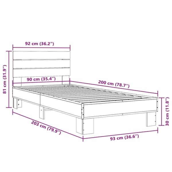 vidaXL Sängynrunko ruskea tammi 90x200 cm tekninen puu ja metalli