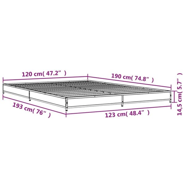 vidaXL Sängynrunko ruskea tammi 120x190 cm tekninen puu ja metalli