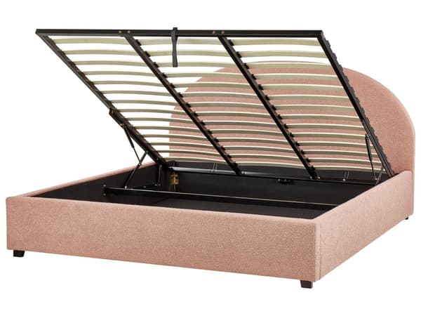 Dobbeltseng med oppbevaring Pastellrosa Bouclé 180 x 200 cm Halvrund sengegavl Minimalistisk og retro stil Sengeramme Soverom
