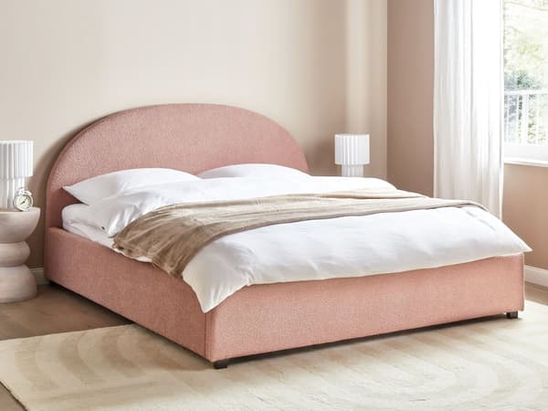 Dobbeltseng med oppbevaring Pastellrosa Bouclé 180 x 200 cm Halvrund sengegavl Minimalistisk og retro stil Sengeramme Soverom