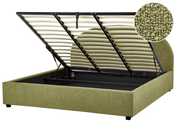 Parisänky oliivinvihreä bukleekangas verhoiltu 180 x 200 cm sälepohja säilytystilalla kaareva pääty retro