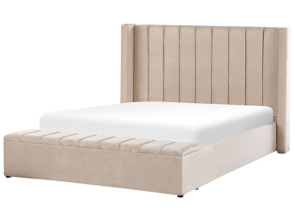 Vannseng Beige Fløyel 160 x 200 cm Oppbevaringsbenk Høy sengegavl Glamorøs Moderne Innredning Soverom