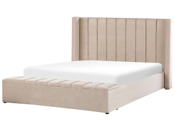 Vattensäng Beige Sammet 180 x 200 cm Dubbelstorlek med Madrass Högt Nackstöd med Förvaringsbänk