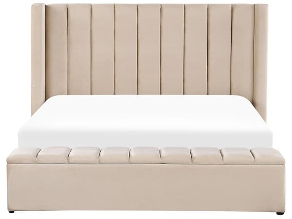 Vattensäng Beige Sammet 180 x 200 cm Dubbelstorlek med Madrass Högt Nackstöd med Förvaringsbänk