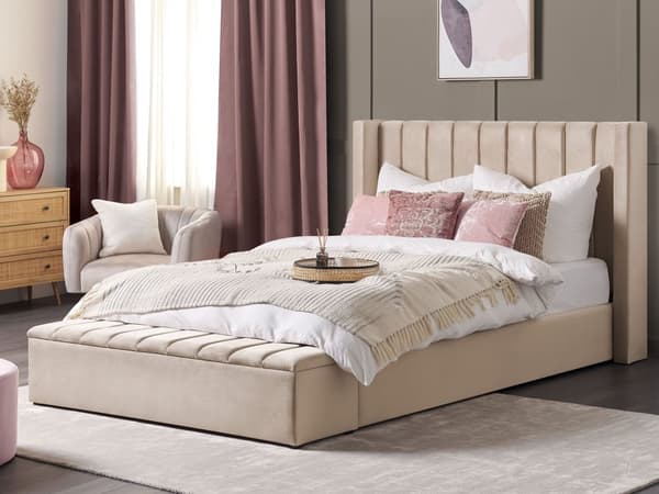 Vattensäng Beige Sammet 180 x 200 cm Dubbelstorlek med Madrass Högt Nackstöd med Förvaringsbänk