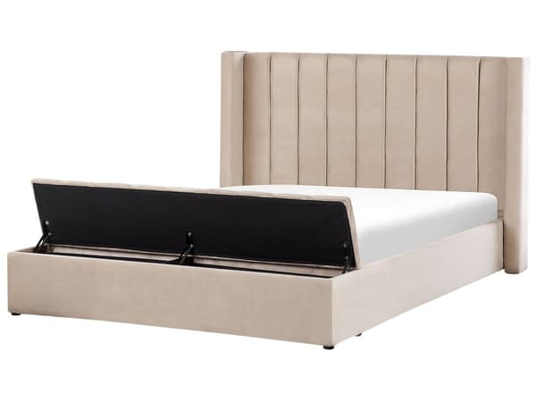 Vattensäng Beige Sammet 180 x 200 cm Dubbelstorlek med Madrass Högt Nackstöd med Förvaringsbänk