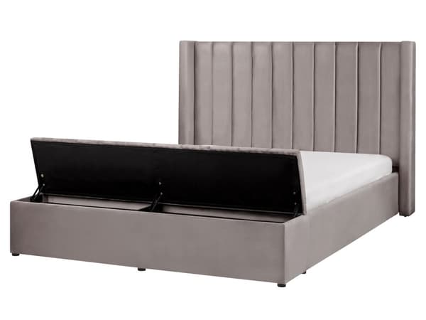 Vandseng Grå Velour 160 x 200 cm Moderne Polstret Dobbeltseng Design med Opbevaringsbænk Høj Kanal Tuftet Sengegavl til Soveværelse Inspiration