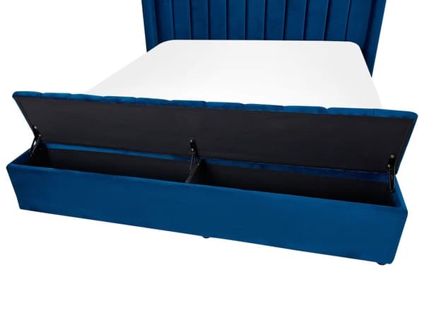 Vandseng Blå Velour 160 x 200 cm Moderne Polstret Dobbeltseng Design med Opbevaringsbænk Høj Kanal Tuftet Sengegavl til Soveværelse Inspiration