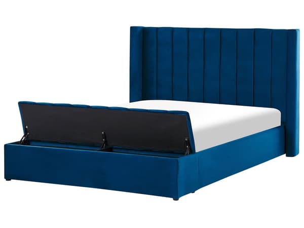 Vandseng Blå Velour 160 x 200 cm Moderne Polstret Dobbeltseng Design med Opbevaringsbænk Høj Kanal Tuftet Sengegavl til Soveværelse Inspiration