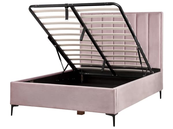 Sengeramme Rosa Fløyel 140 x 200 cm Svarte metallben Oppbevaringsrom Polstret sengegavl Soverom