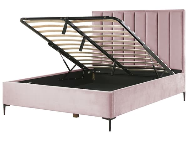 Sengeramme Pink Velour 160 x 200 cm Sorte metalben Opbevaringsrum Polstret hovedgærde Soveværelse