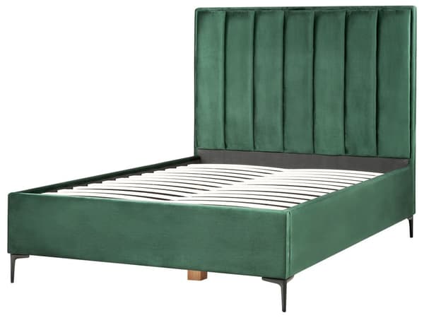 Sengeramme Mørkegrøn fløjl 140 x 200 cm Sorte metalben Opbevaringsrum Polstret hovedgærde Soveværelse